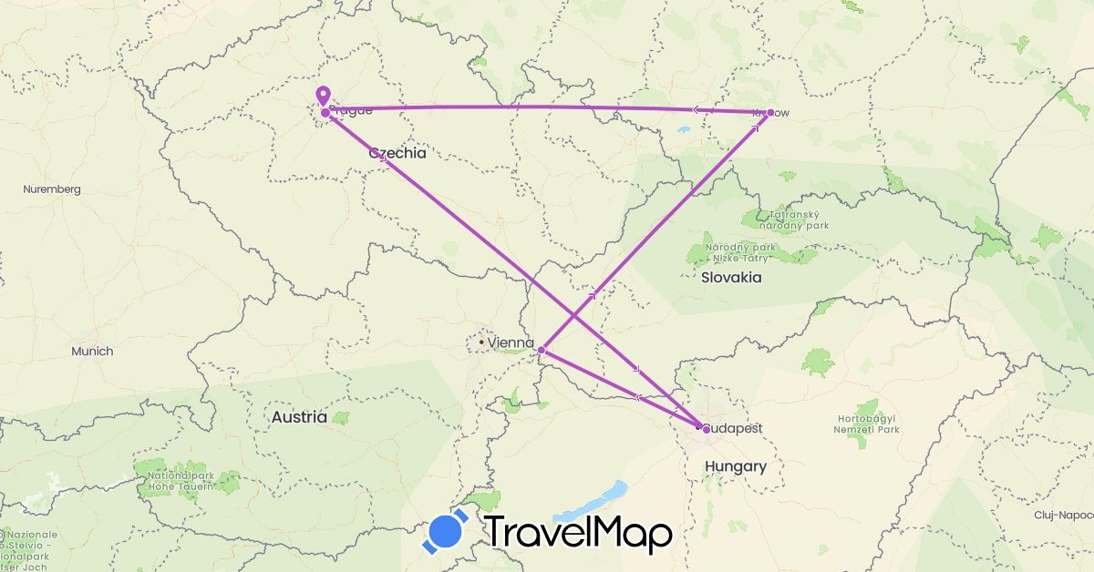TravelMap itinerary: driving, train in Czech Republic, Hungary, Poland, Slovakia (Europe)